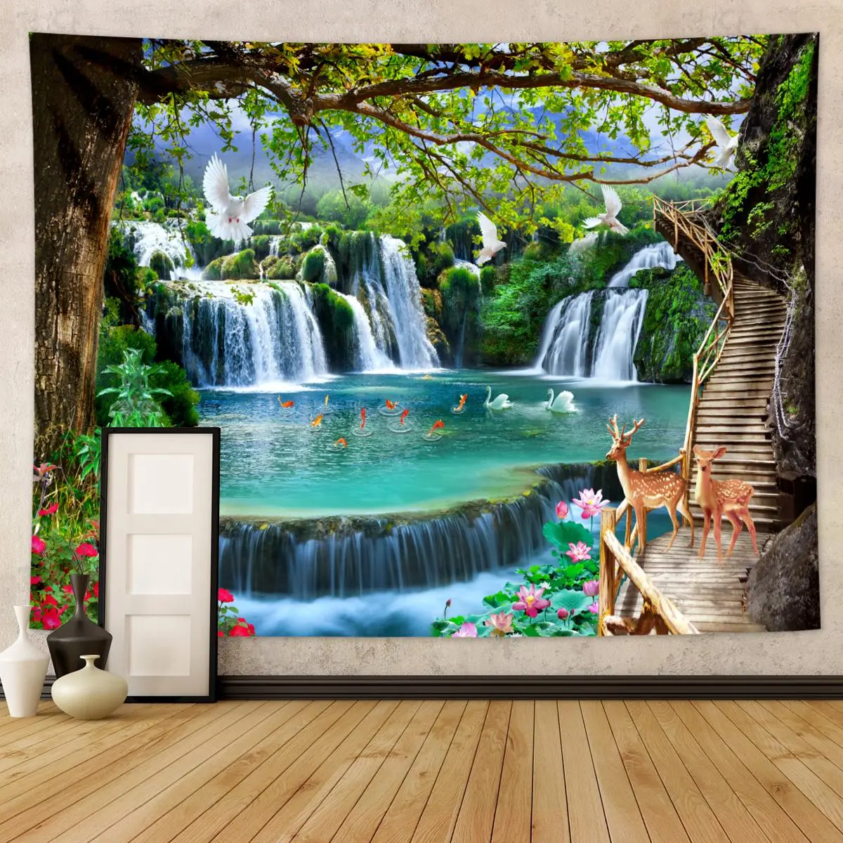 Waterfall & Forest Tree Pattern Tapestry Wall Mural, 1 Count Decorative Natural Landscape Pattern Wall Hanging Tapestry, Wall Art Decor for Home Living Room Bedroom