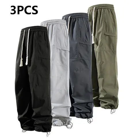 Men's Loose  Pocket Drawstring Waist Cargo Pants Casual Comfy Zipper Cargo Pants for Daily Outdoor Wear Baggy Trousers in