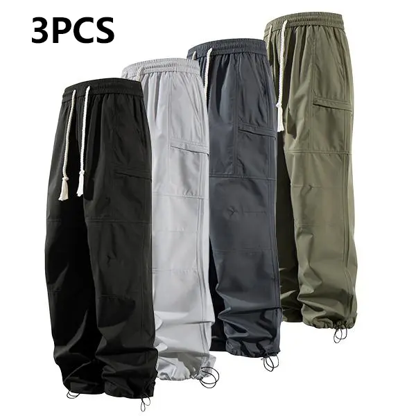 Men's Loose Pocket Drawstring Waist Cargo Pants Casual Comfy Zipper Cargo Pants for Daily Outdoor Wear Baggy Trousers in