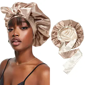 Satin Bonnet Silk Sleep Cap with Stretchy Tie Band for Curly Hair - Silk Hair Wrap (Coffee + Champagne) Satin Silk Hair Bonnets Set Daily Elastic