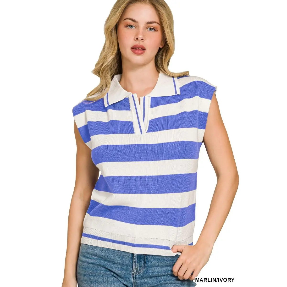 Zenana Viscose Striped Collared Sweater Vest