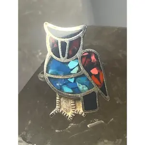 Owl ring size 4 turquoise chips coral southwest sterling silver women girls