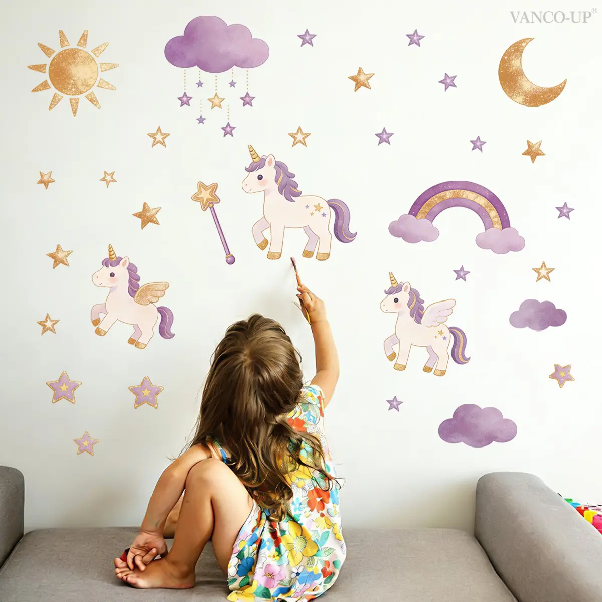 1Pc (30*90cm) Dreamy Purple Gold Unicorn Wall Sticker, Star Moon Rainbow Theme, Self-adhesive Wall Decor for Girls Room