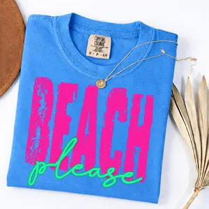 Comfort Colors Neon Beach Please Shirt Retro Summer Vacation Graphic Tee Bold Pink Beach Please Slogan T-Shirt Tropical Vacation Aesthetic Tee