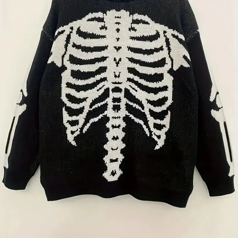 Women's Halloween Themed Skeleton Drop Shoulder Sweater, Casual Long Sleeve Round Neck Jumper, for Daily, Holiday and Vacation Wear, Women's Knitwear for Fall, Winter