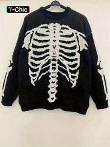 women's halloween themed skeleton drop shoulder sweater, casual long sleeve round neck jumper for daily holiday vacation wear, women's knitwear for fall