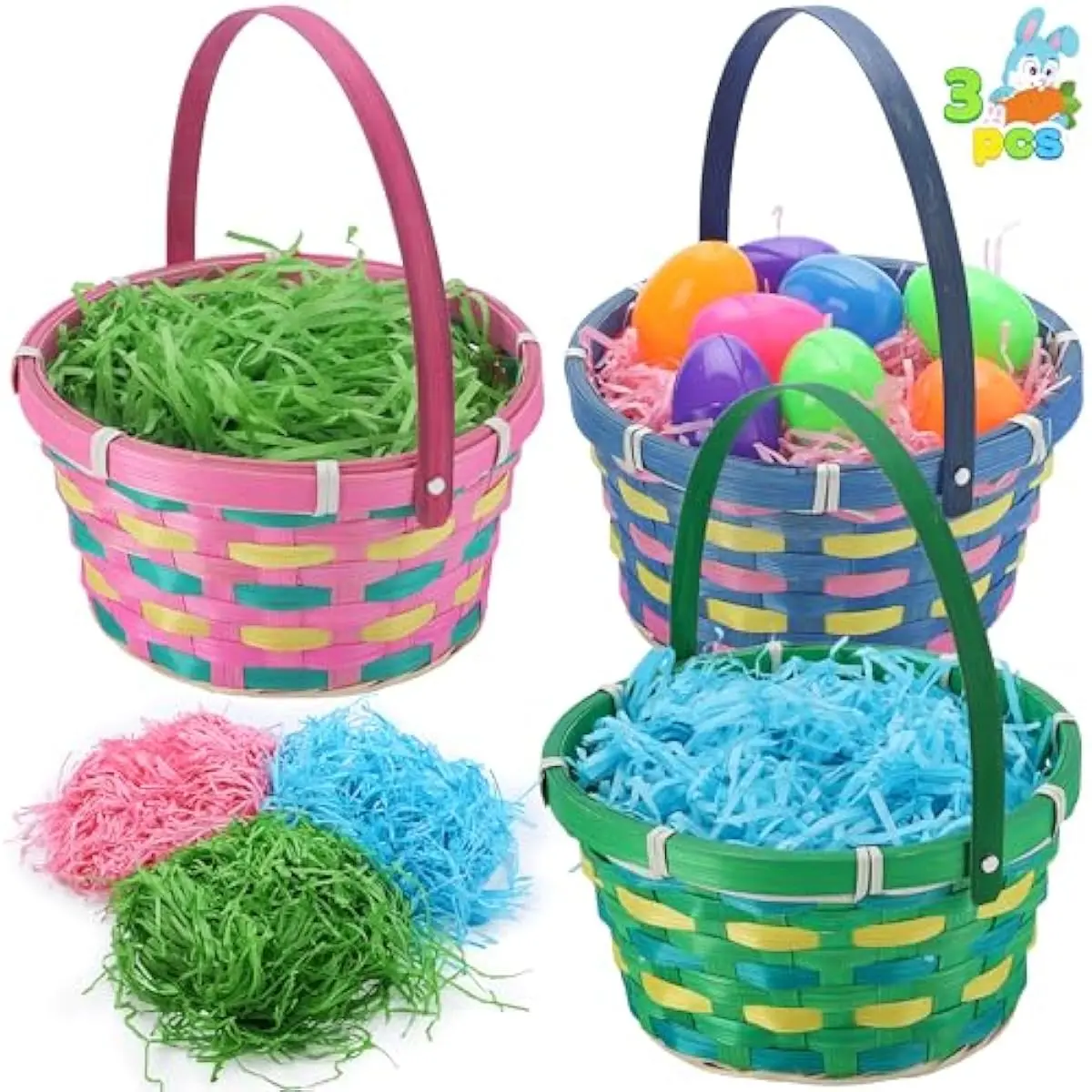 3 Pcs Easter Bamboo Baskets Woven Goodie Empty Gift Basket with Handle and Grass Paper Shreds for Easter Egg Hunt, Kids Party Supplies, Filling with Candy & Party Favors(7.7"X8.5")