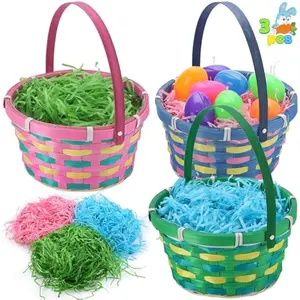 3 Pcs Easter Bamboo Baskets Woven Goodie Empty Gift Basket with Handle and Grass Paper Shreds for Easter Egg Hunt, Kids Party Supplies, Filling with Candy & Party Favors(7.7"X8.5")