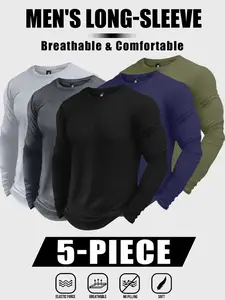Men's Stylish 5-Piece Crew Neck Casual Long Sleeve Sports T-Shirt Set, All-Season Versatile Streetwear Top, Ideal Gift for Boyfriends