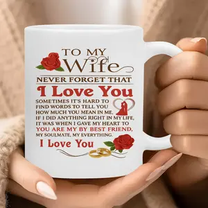 11oz Ceramic Coffee Mug - Romantic Gift for Wife, "To My Wife" Love Quote with Roses, Engraved Heartfelt Message & Golden Wedding Rings, Dishwasher Washable Drink Tumbler, Kitchenware Drinkware