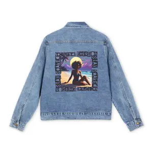 Sunset Afro Silhouette Denim Jacket | Beach Scene, Palm Trees