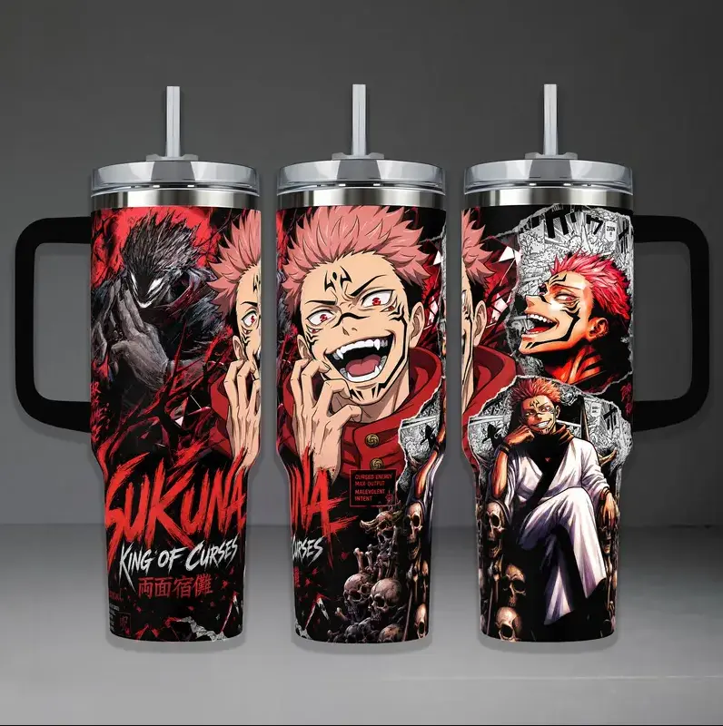 Sukuna "King of Curses" Tumbler, Jujutsu Kaisen 40oz Cup with Handle, Anime Fan Gift, Sukuna Inspired Insulated Tumbler Featuring Epic Malevolent Intent & Cursed Energy Graphic Design.