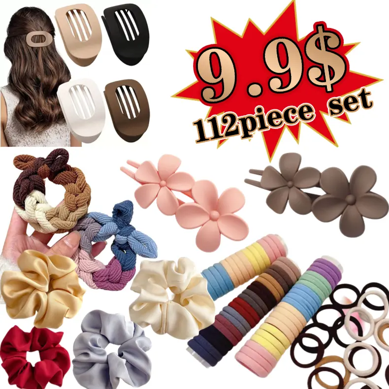 [112 Piece Set] Effortless Ponytails & Updos, Guaranteed with Our High-Elasticity, Durable Hair Ties & Claws