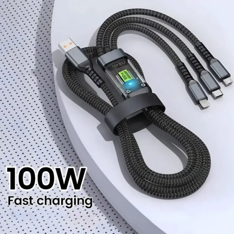 New 100w USB Type-C Super Fast Charging Cable, Compatible with iPhone Samsung Xiaomi Huawei, LED Light, Durable Design, 1.2m Triple Function Charger