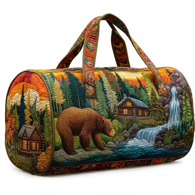 Duffel Handbag Shoulder Bag, Bear Forest Cabin Waterfall Scenery Print Polyester Bag, Unisex Rustic Wilderness Retro Style, Quilted Large Capacity Overnight Weekender Bag for Camping Travel Road Trip, 1 Piece Lightweight Carry On Hand Shoulder Luggage