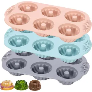 4pcs Silicone Fluted Tube Cake Pans, 6 Cavity Heritage Bundtlette Cake Silicone Mold for Baking Non Stick Fancy Molds (2 Pink+Blue+Gray)