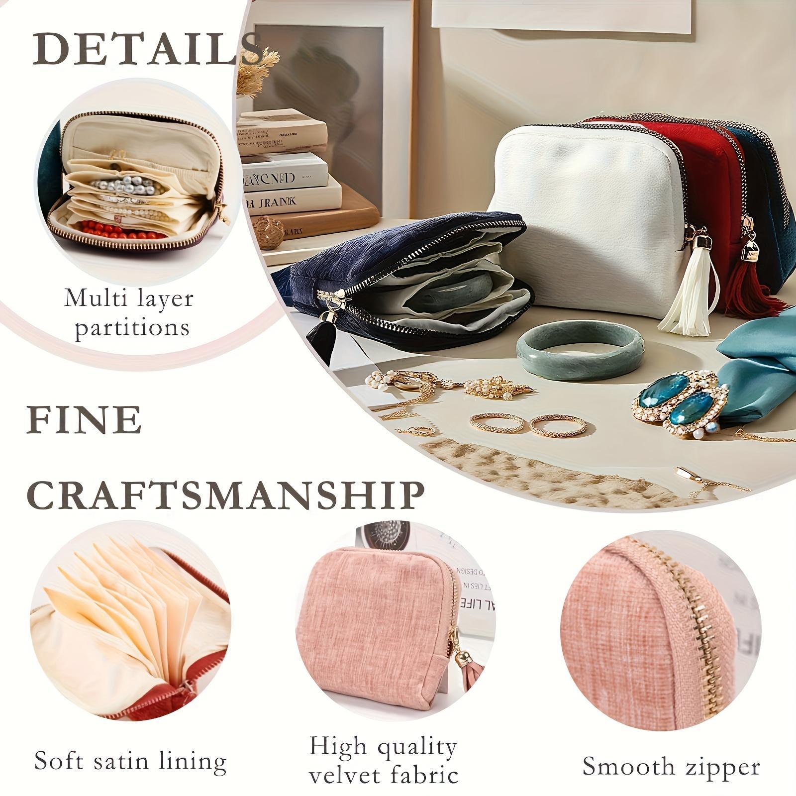 BOOVO Jewelry Zippered Pocket Case Travel Jewelry Bag Portable Organizer with Satin 5 Divided Compartments, Tassel Zipper, Modern Dustproof Durable Home Organizer, Ideal Gift for Her, Jewelry Boxes,dorm room inspo,college dorm essentials,dorm haul