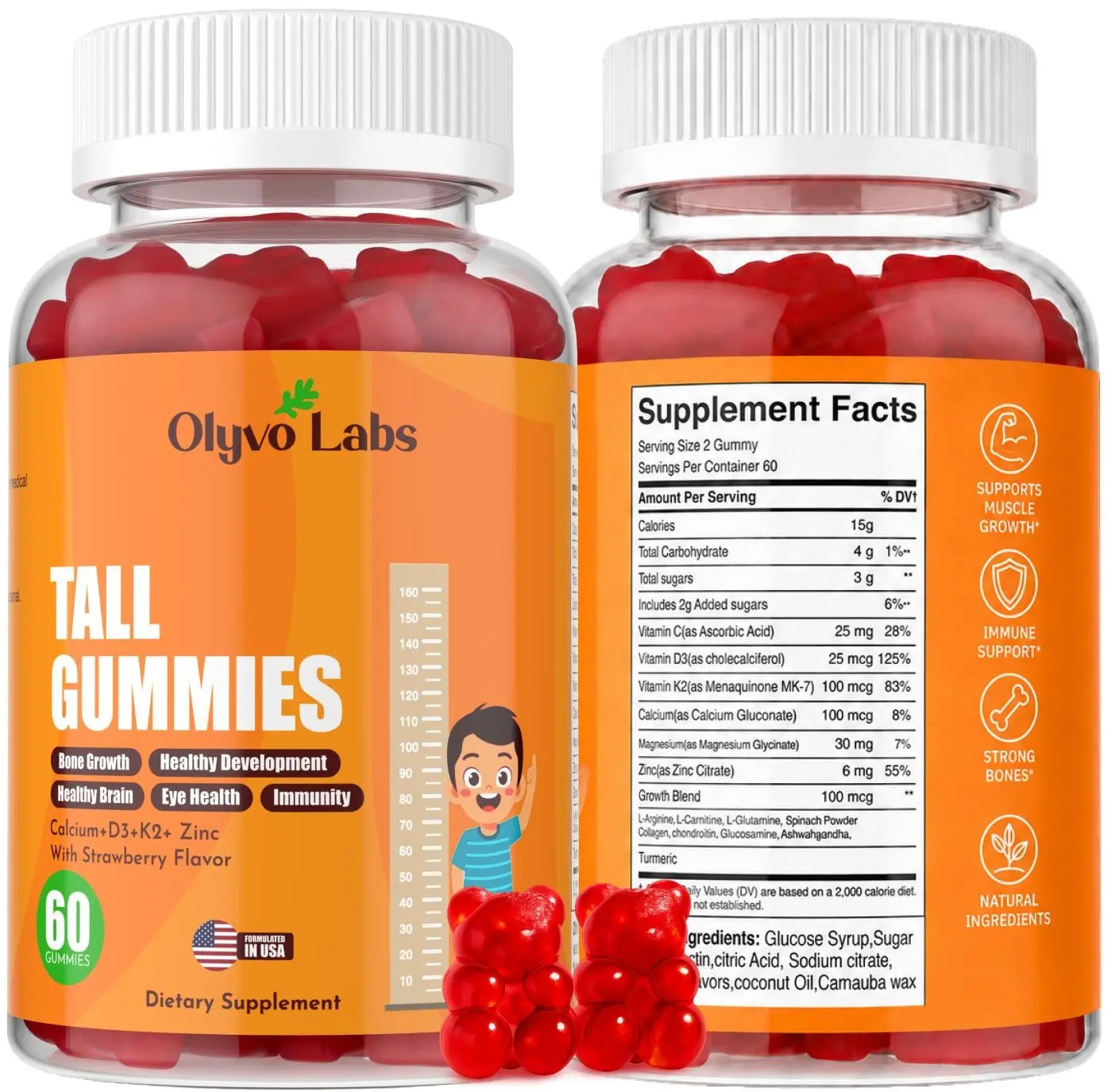 Olyvo Labs TALL Kids & Teen Multivitamin Gummies Ages 2+ | Children's Vitamins with L-Arginine, Calcium, D3 + K2, Zinc, Magnesium & Vitamin C for Growth & Bone Health Support | Strawberry | 60 Count