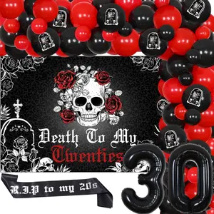 1Set Death to My 20s Decorations Black and Red Gothic 30th Birthday Decorations Balloon Garland Kit Backdrop Sash Foil Balloons for Rip to My Twenties Funeral for My Youth Funny Thirty Birthday Party
