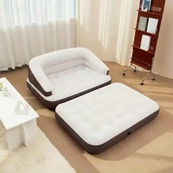 Twin Size 5-in-1 Inflatable Sofa Bed with Free Air Pump, High Back Deep Seat Couch with Headrest, Portable Air Mattress for Camping, Home & Travel