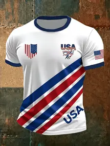 American Flag 3D Print Sporty T-Shirt, Men's Summer Athletic Breathable Casual Football Training Top, Long Fitted Sleeveless Design