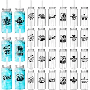Suclain 24 Pcs 5th Grade Graduation Cups with Lids and Straws 13.5 oz Class of 2026 Plastic Mason Jars Clear Reusable Tumbler Coffee Tea Hot Cocoa Beverage Graduation Tumbler for Congrats Party Gifts