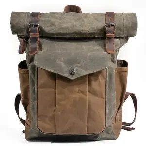 Vintage backpack for men and women, oil wax canvas travel computer bag, outdoor sports hiking bag