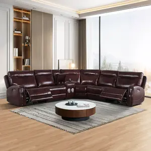 Brown Top Genuine Cowhide Leather 6-Piece Multifunction Living Room Sofa Set