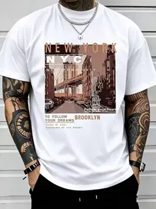 Men's Casual Cotton Streetwear T-Shirt with Vintage New York Brooklyn Street Scenes Print. 100% Heavyweight Cotton, Retro Western Style, Soft Breathable Fabric, Classic Short Sleeve, Perfect for Urban Daily & Summer Fashion.