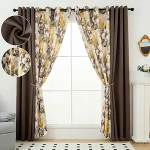 4 PANELS 52"x84" Combination Grommets CurtainsIncluding : 2 PANELS Solid Full Blackout Curtains & 2 Panels Printed Blackout Curtains QF428 QF222 Summer gift Thermal Insulated NoiseReducing Light Blocking