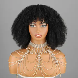 Jerry Curly Human Hair Wigs With Bangs Virgin Human Hair Glueless Full Machine Made Wig For Black Women Brazilian Curly Wigs Natural Color Medium Cap Size