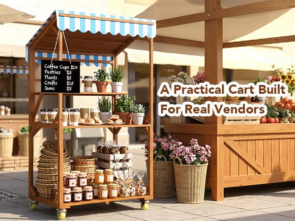 Wooden Farm Stand Cart, Solid Wood Farmers Market Stand with Wood Roof, Heavy Duty Display Table with Lockable Wheels, for Events & Small Business, Light Brown