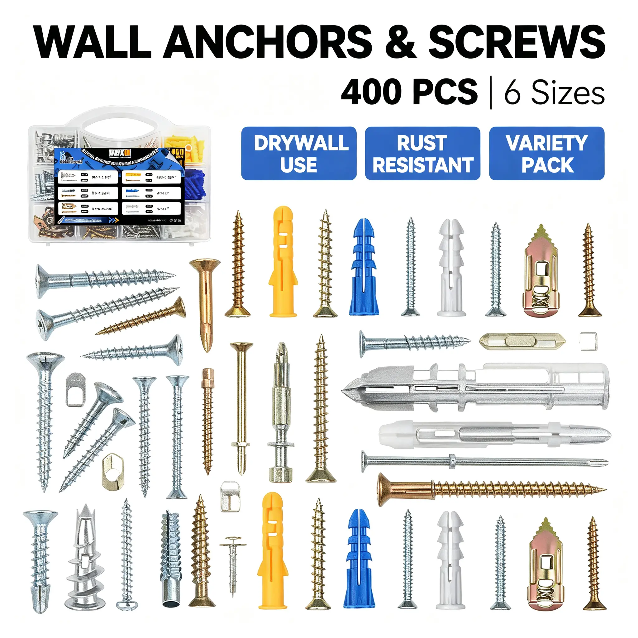 VKKM Flat Nylon Heavy Duty Fastening Kit - 1 Box (400PCS) Multi-Size Drywall Anchors & Mounting Screws, All-in-1 Wall Fastener Set for Drywall, Concrete Home DIY Projects
