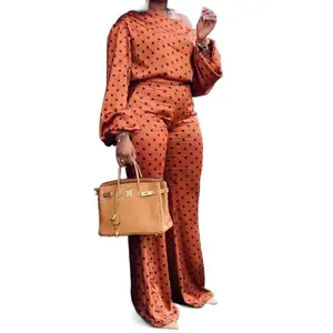 Women's Sports Suit Two-Piece Set New Polka Dot Print Long Sleeve Asymmetrical Neck Top Fashion Loose Pants Casual Set 2025 Spring Women's Long Pants Long Robe Orange Red Set Trouser Womenswear