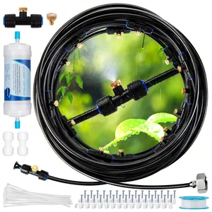 Misting Cooling System for Outside Patio: 59Ft Misting Line & 20 Brass Mist Nozzles Water Misters with Filter - Outdoor Mister for Garden Greenhouse BBQ Party Pool Trampoline Waterpark Sprinklers