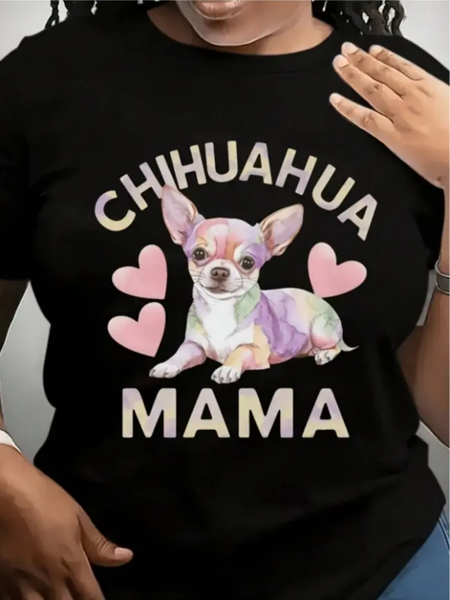 Women's 100% Cotton Short-Sleeve Pastel Tie Dye T-Shirt - Comfortable, Soft, Fashion Piece with Chihuahua & "CHIHUAHUA MAMA" Lettering, Pink Hearts - For Dog Mom Pet Lovers, Summer Casual Daily Outfit, Shortsleeve
