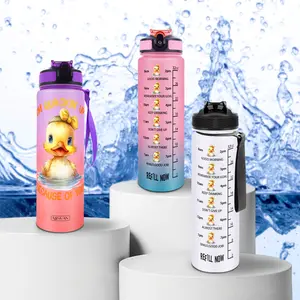 32oz Duck Theme Motivational Gradient Color Water Bottle, BPA Free, Leak Proof, Water Tracking for Sports and Outdoor Adventures