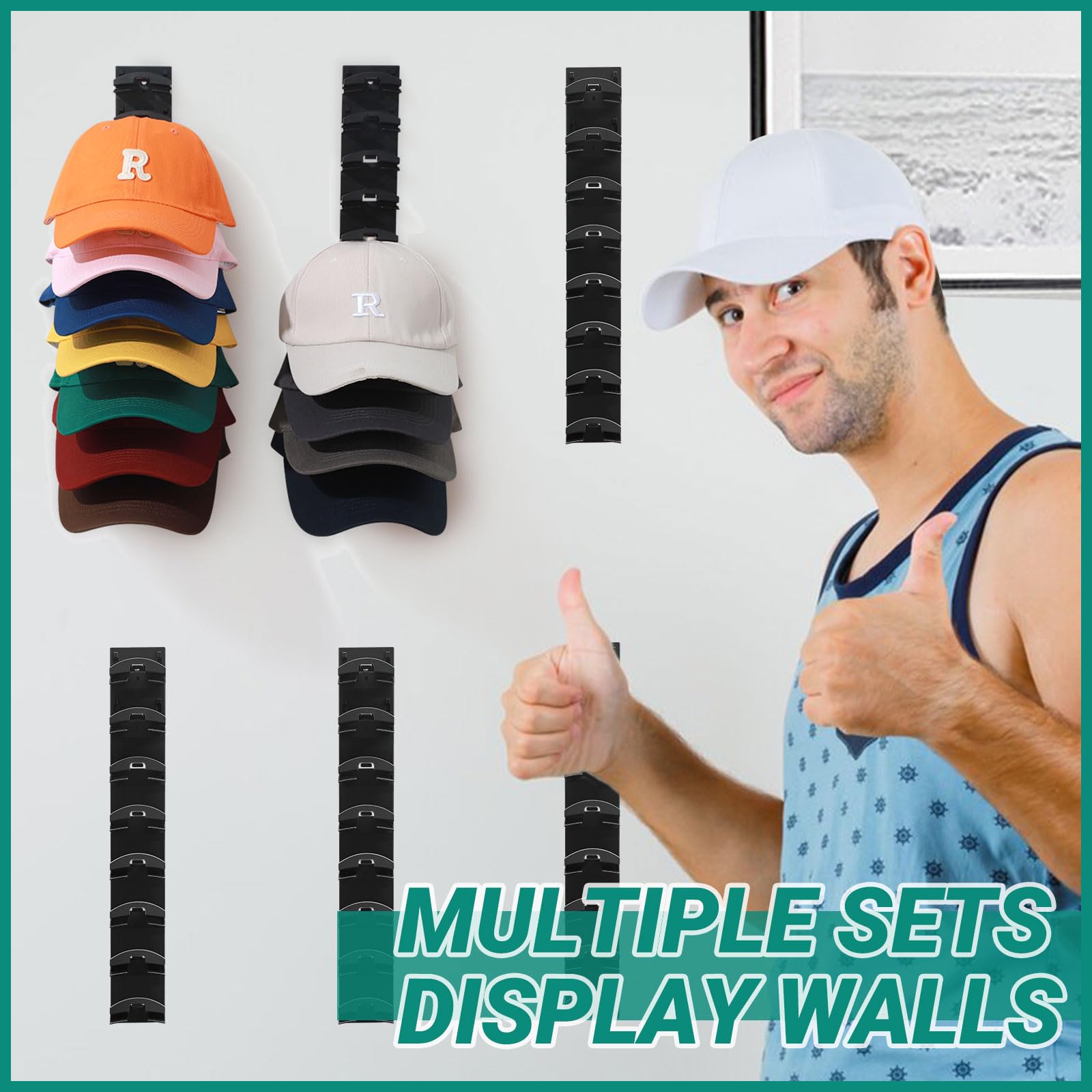 Baseball Cap Organizer Rack-2Pcs,Wall Hat Hooks with Strong Adhesive Holds up to 16Hats,Over-the-Door Closet Hat Hanger Display Stand,MultiLayer Cap Organizer Storage with 2Mounting Options