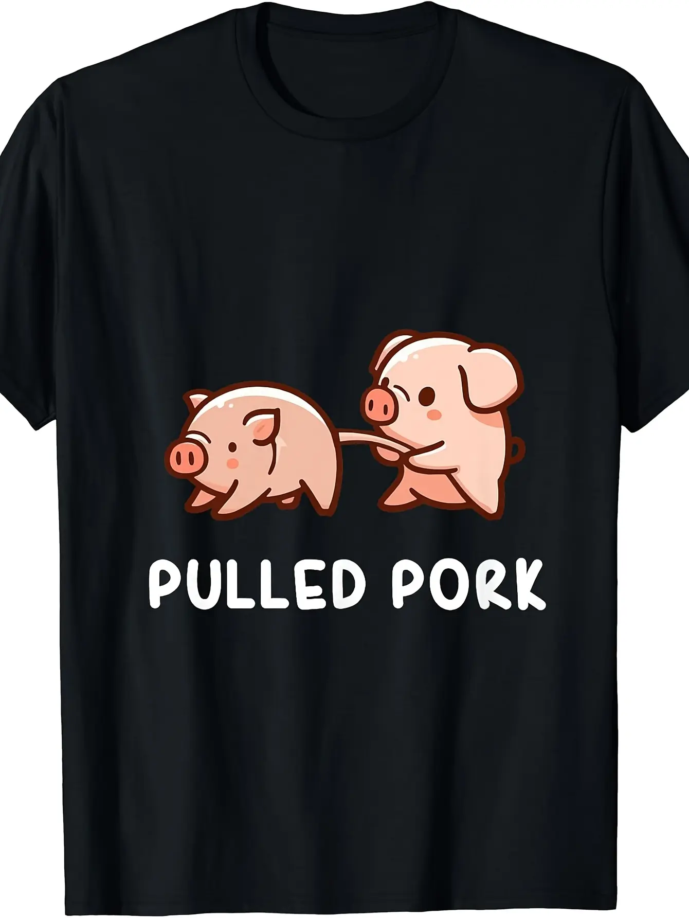 Pulled Pork Cute Kawaii Cartoon Two Pink Piglets Pull Tail Funny BBQ Meat Pun Graphic T-Shirt, Men  Soft Lightweight Breathable Cotton Crew Neck Outdoor Activity City Street Cafe Backyard Barbecue Casual Father’s Day Holiday Gift men Tee