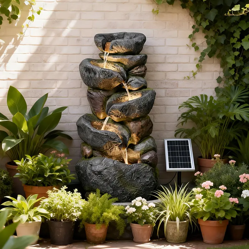 5-Tier Rock Solar Fountain Outdoor Garden Decor 36.2-Inch Tall Natural Cascading Solar Fountain with LED Lights And IP68 Pump Water Feature Ideal for Garden, Patio, Deck, And Backyard Decoration