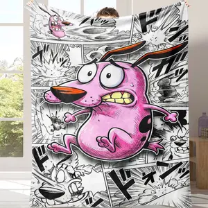 Countdown Sale!Courage the Cowardly Dog Manga Style Blanket Plush Throw with Retro Comic Panel Art for 90s Nostalgia Fans Bold Black & White Manga Art with Pop of Pink for Streetwear Vibes & Game Room Accents!A gift suitable for fans, friends and children