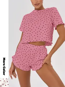 Cute Cotton Love Printed Pajama Sets,Short Sleeve Crop Top & Shorts Two-Piece Set,Pink & White Sleepwear casual Loungewear for Women,Summer Homewear,Pjs,Pyjamas