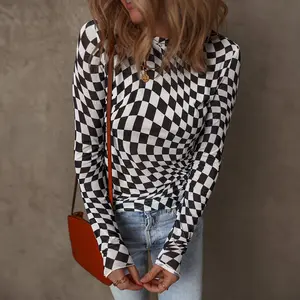 Checkered Pattern Mesh Mock Neck Long Sleeve Top
