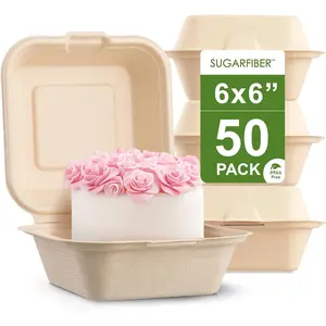 [50 COUNT] 6 X 6" Compostable Clamshell Take Out Food Containers, PFAS FREE Square To go Containers with Lids, Heavy-Duty Disposable Bagasse Bento Cake Box, Eco-Friendly Sugarcane Fibers