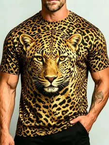 Men's 3D Leopard Print T-Shirt, Round Neck Short Sleeve, Casual Fitted Long Tee, Breathable Summer Animal Pattern Top, Menswear