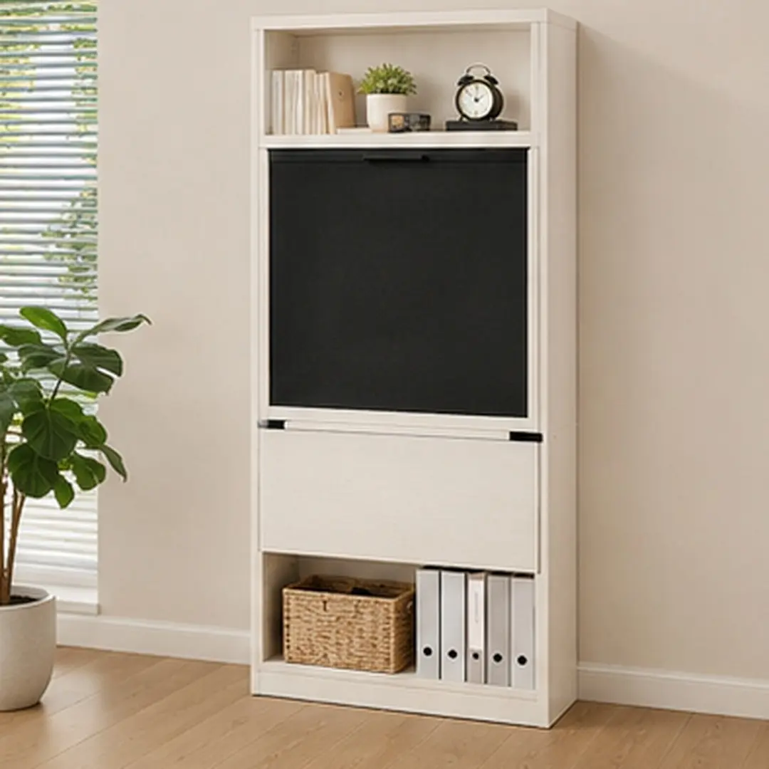 Fold-Out Convertible Wall Mount Writing Desk with Blackboard and Storage Shelves, Space-Saving Murphy Table Cabinet, Ancient White Wood, 20.1"W x 38.6"D x 60"H, for Home Office, Living Room, Bedroom, Study Room, Ancient White Color Options