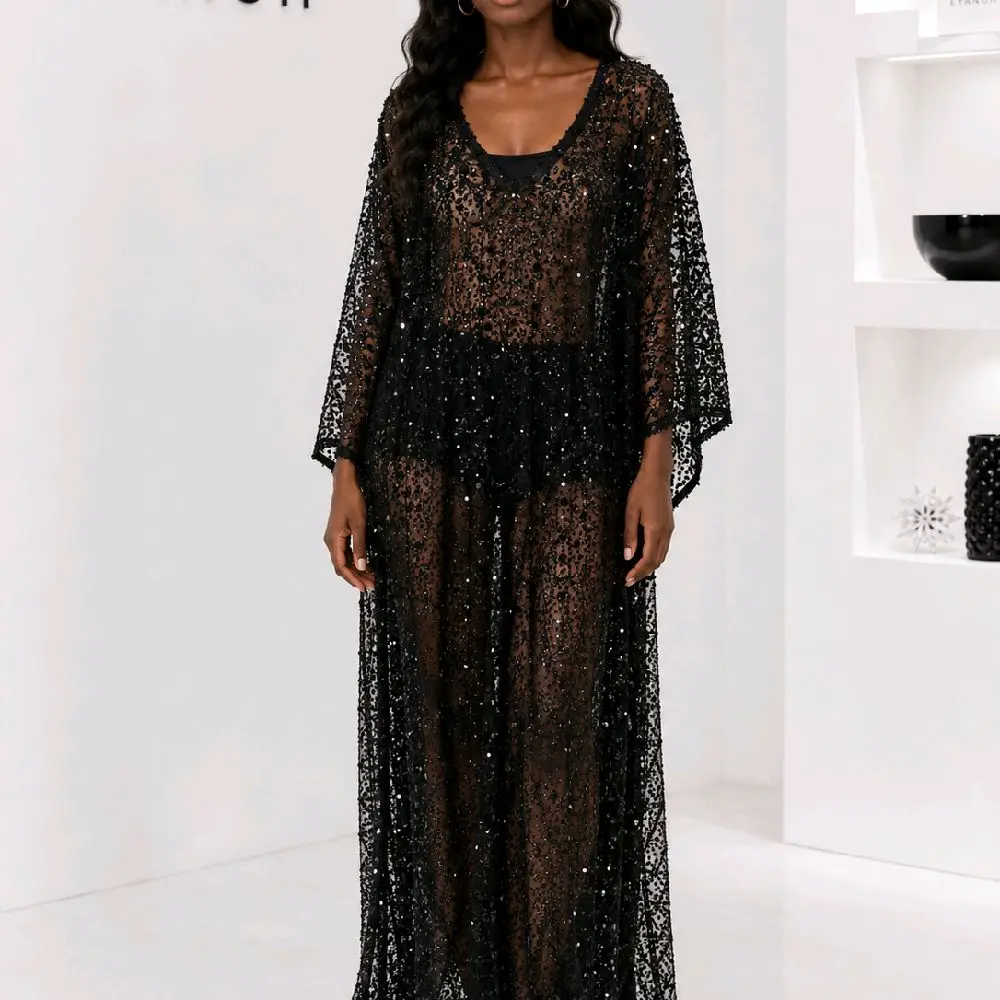 Black Beaded Sheer Boubou – One Size | EYANOH Collection