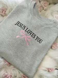 Women's Jesus Loves You Round Neck Sweatshirt with Pink Bow Design - Grey Long Sleeve Casual Hoodie, Machine Washable Top for Autumn and Winter