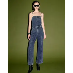 URBAN REVIVO 2026 Spring Women's Cotton Denim Flared Jumpsuit - Sleeveless, Off-Shoulder, Solid, Fitted, Sexy, Premium Comfortable Fabric, Basic Overalls with Strap, UWJ840028
