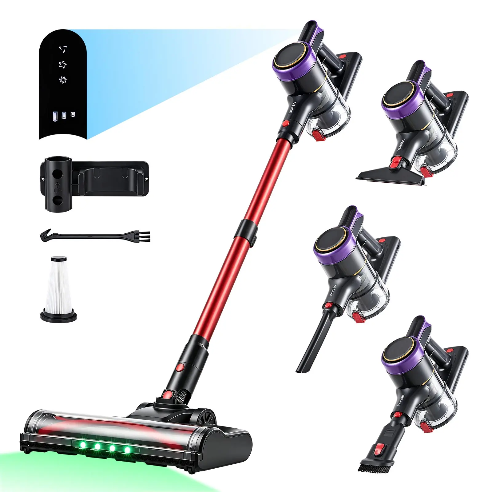 VEVOR Cordless Vacuum Cleaner 400W 40kPA Cordless Stick Vacuum Cleaner, For Home Hard Floor Carpet Pet Hair, 45-Min Runtime, Rechargeable, Lightweight Handheld, with LED Display, 4 Brush Heads